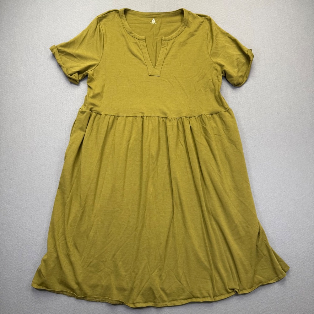 ABLE Womens Babydoll Mini Dress Olive Green Supima Cotton Modal Split Neck S